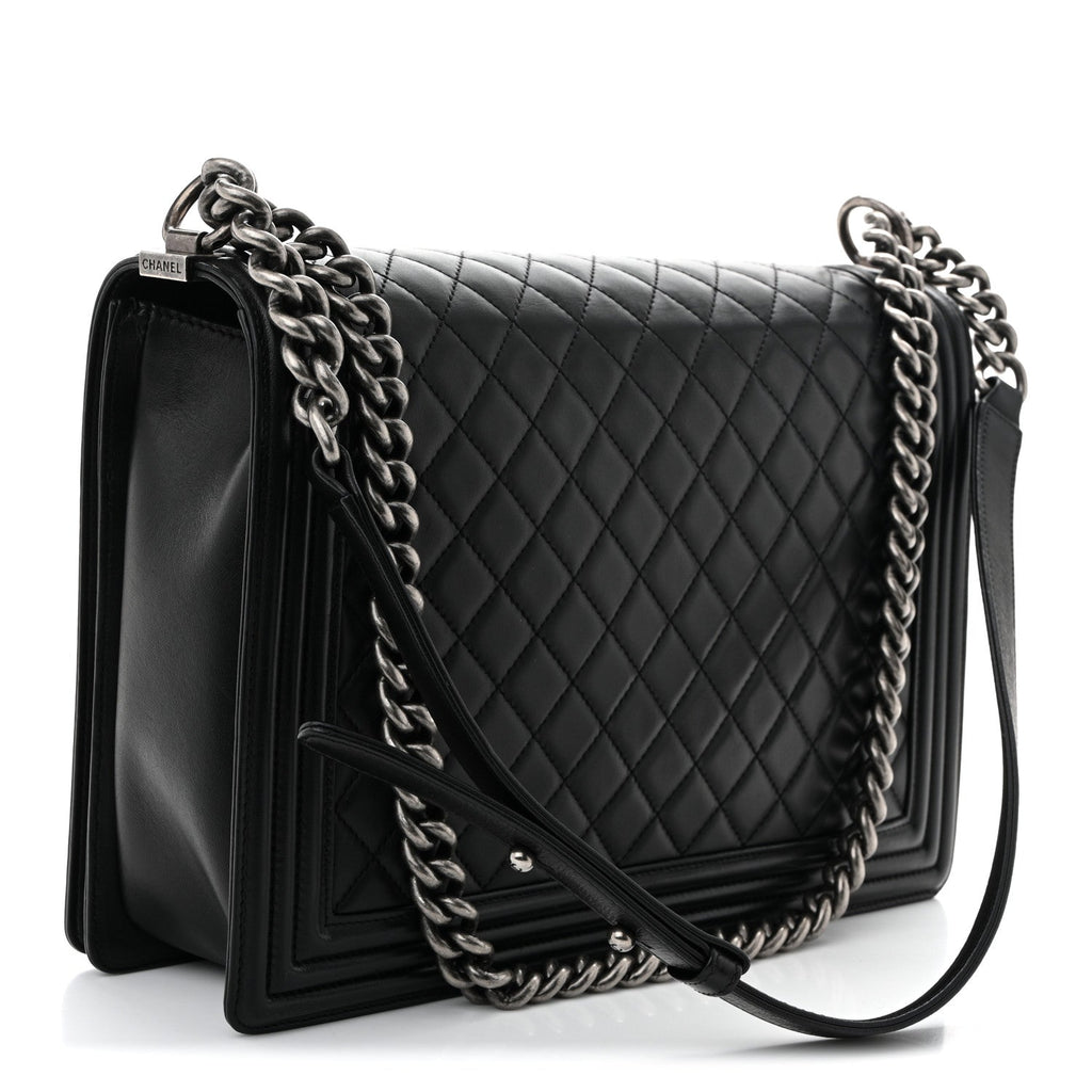 Lambskin Quilted Large Boy Flap Black