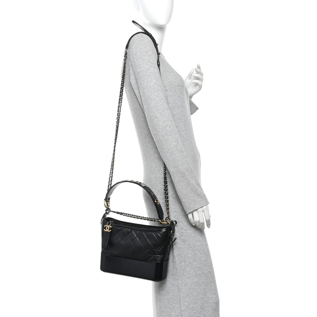 Aged Smooth Calfskin Quilted Medium Gabrielle Logo Hobo Black