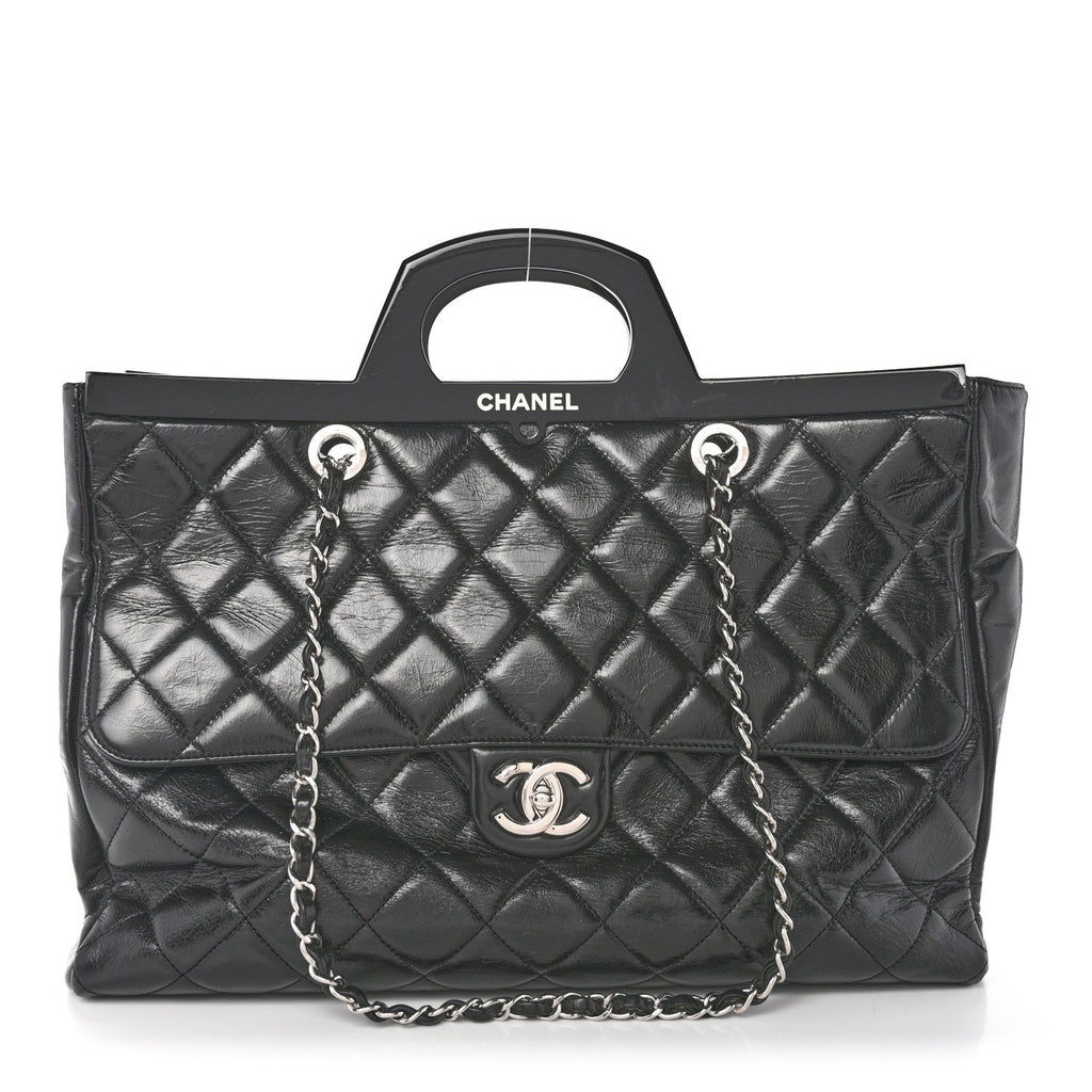 Glazed Calfskin Quilted Large CC Delivery Tote Black