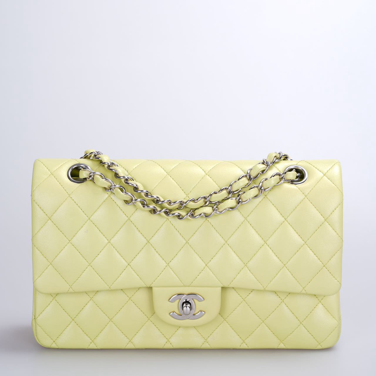 Chanel Medium Classic Double Flap Bag In Pastel Butter Yellow Color With Silver Hardware
