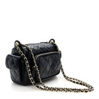 Shiny Crumpled Lambskin Quilted Small Preppy Pocket Camera Case Black