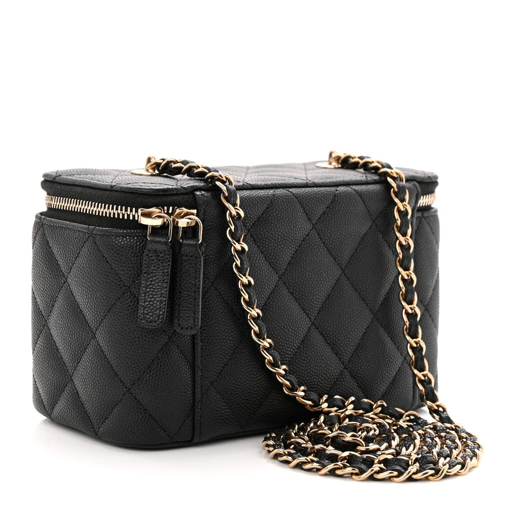 Caviar Quilted Small Vanity Case With Chain Black