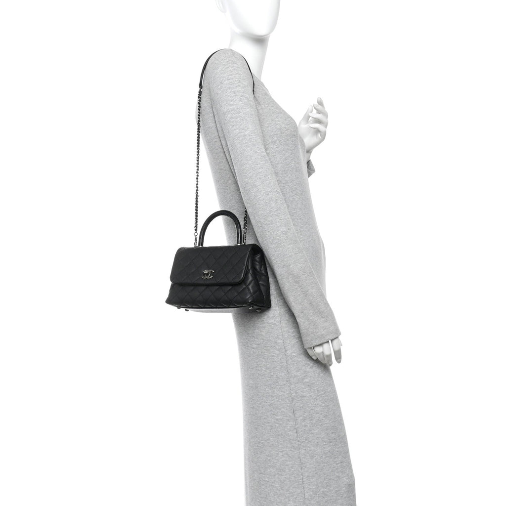 Caviar Lizard Embossed Quilted Mini Coco Handle Flap Black
