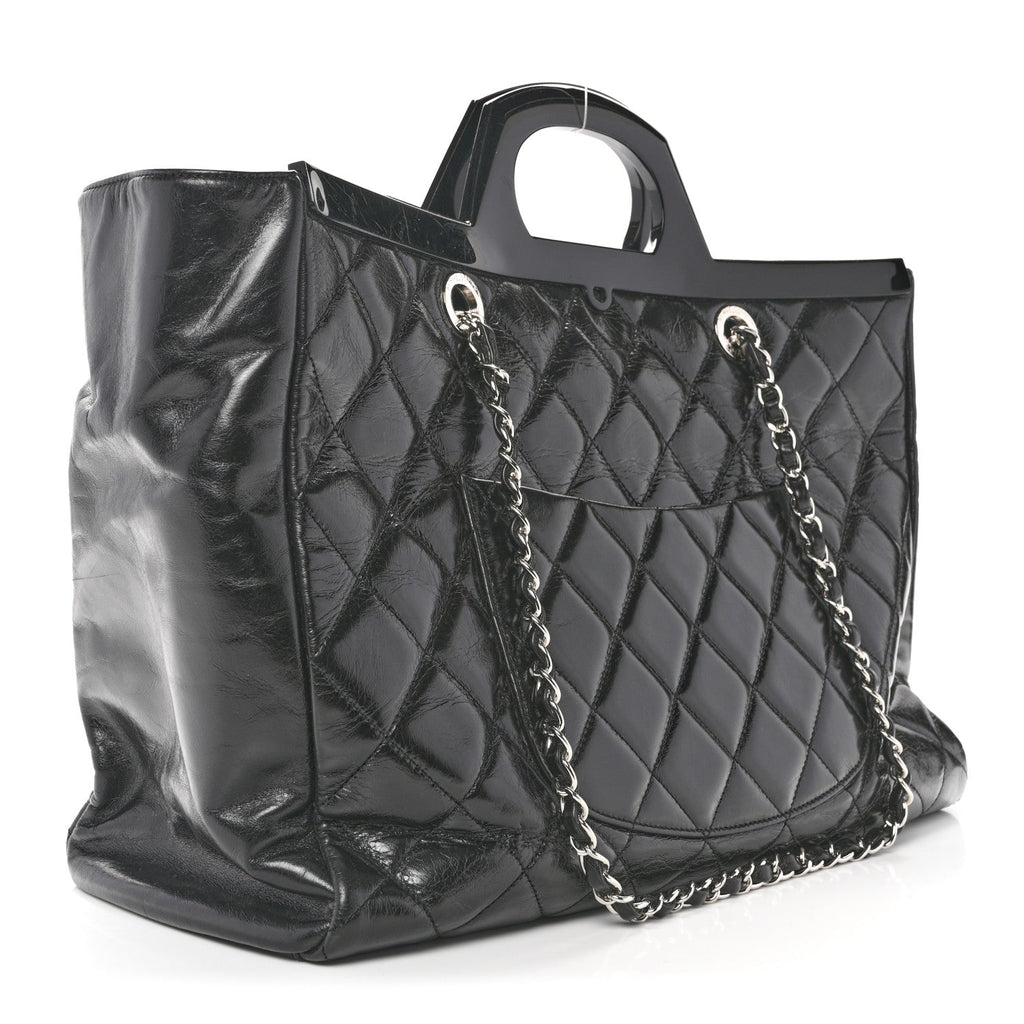 Glazed Calfskin Quilted Large CC Delivery Tote Black