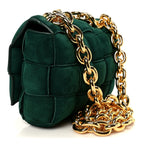 Suede Maxi Intrecciato Padded Chain Cassette Crossbody Bag Emerald Green