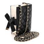 Lambskin Quilted Book Card Holder on Chain Black