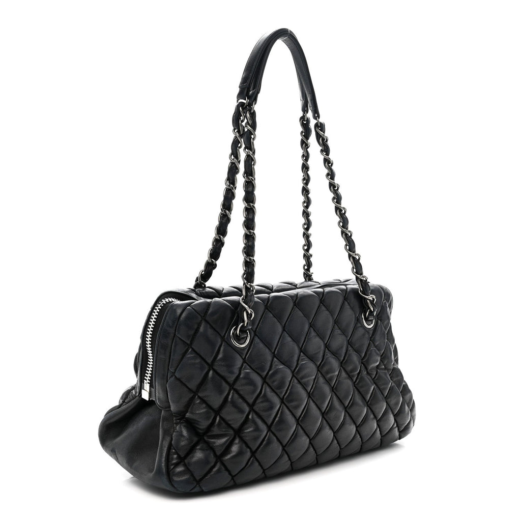 Lambskin Bubble Quilt Small Double Bowling Bag Black