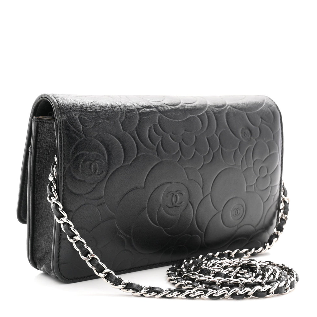 Lambskin Camellia Embossed Wallet On Chain WOC Black