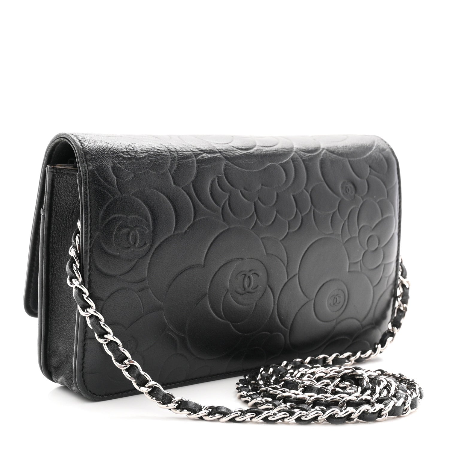 Lambskin Camellia Embossed Wallet On Chain WOC Black