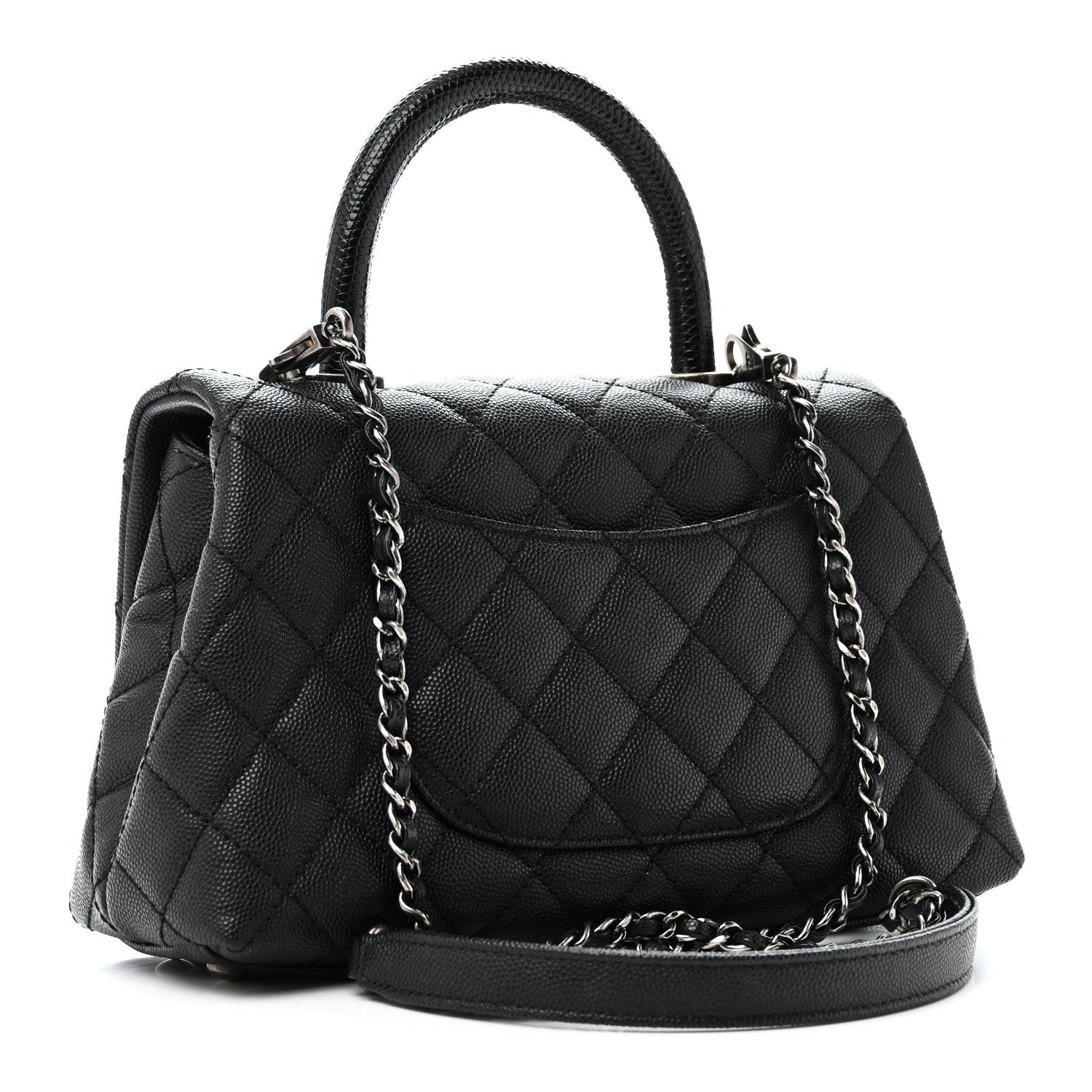 Caviar Lizard Embossed Quilted Mini Coco Handle Flap Black