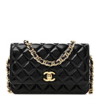Shiny Lambskin Quilted Golden Links Wallet On Chain WOC Black