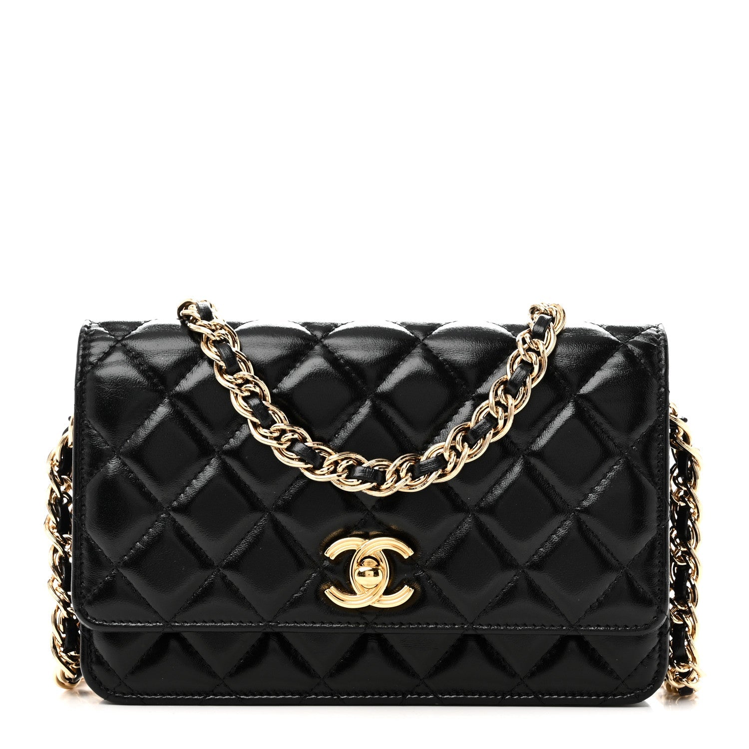Shiny Lambskin Quilted Golden Links Wallet On Chain WOC Black