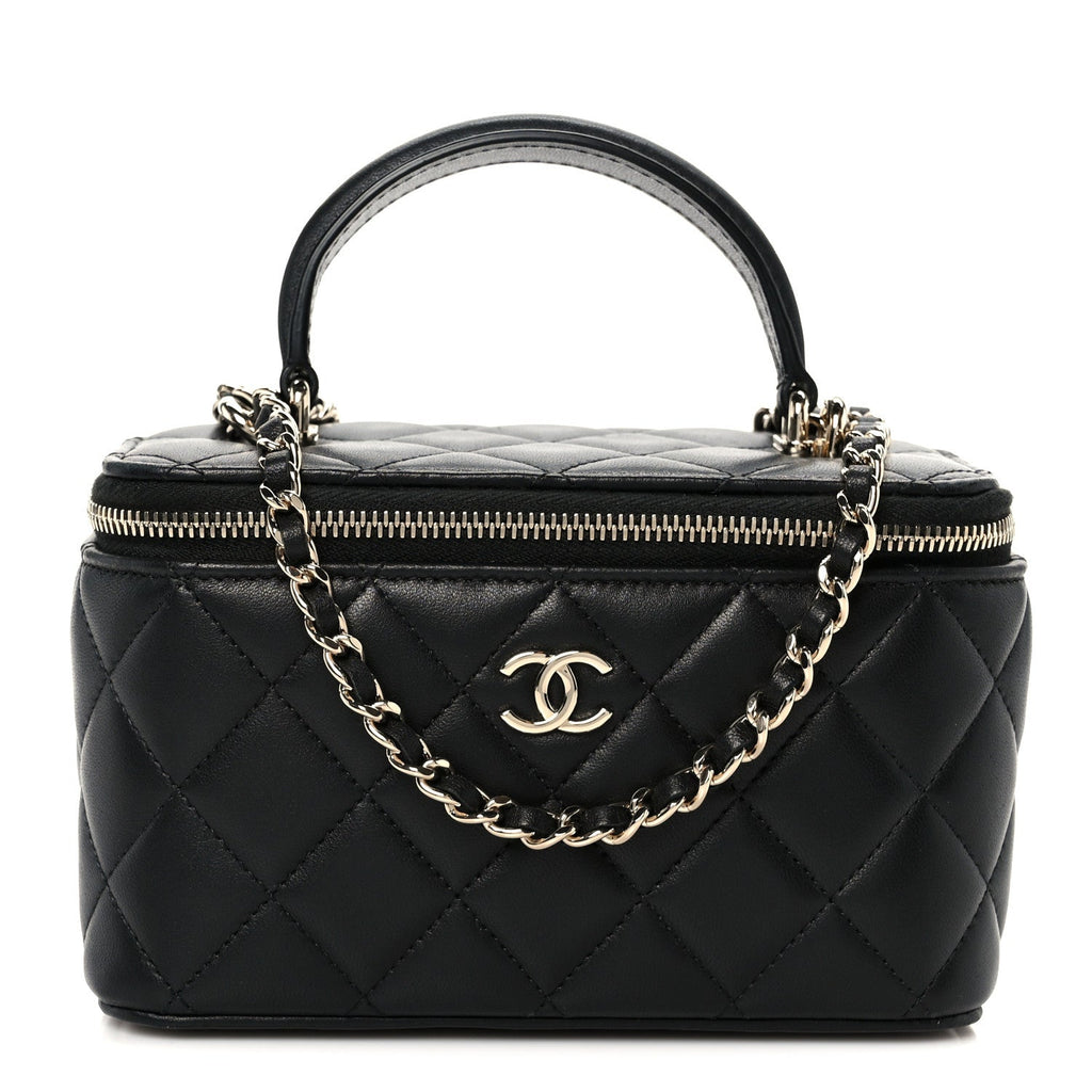 Lambskin Quilted Small Top Handle Vanity Case With Chain Black