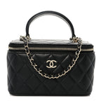 Lambskin Quilted Small Top Handle Vanity Case With Chain Black