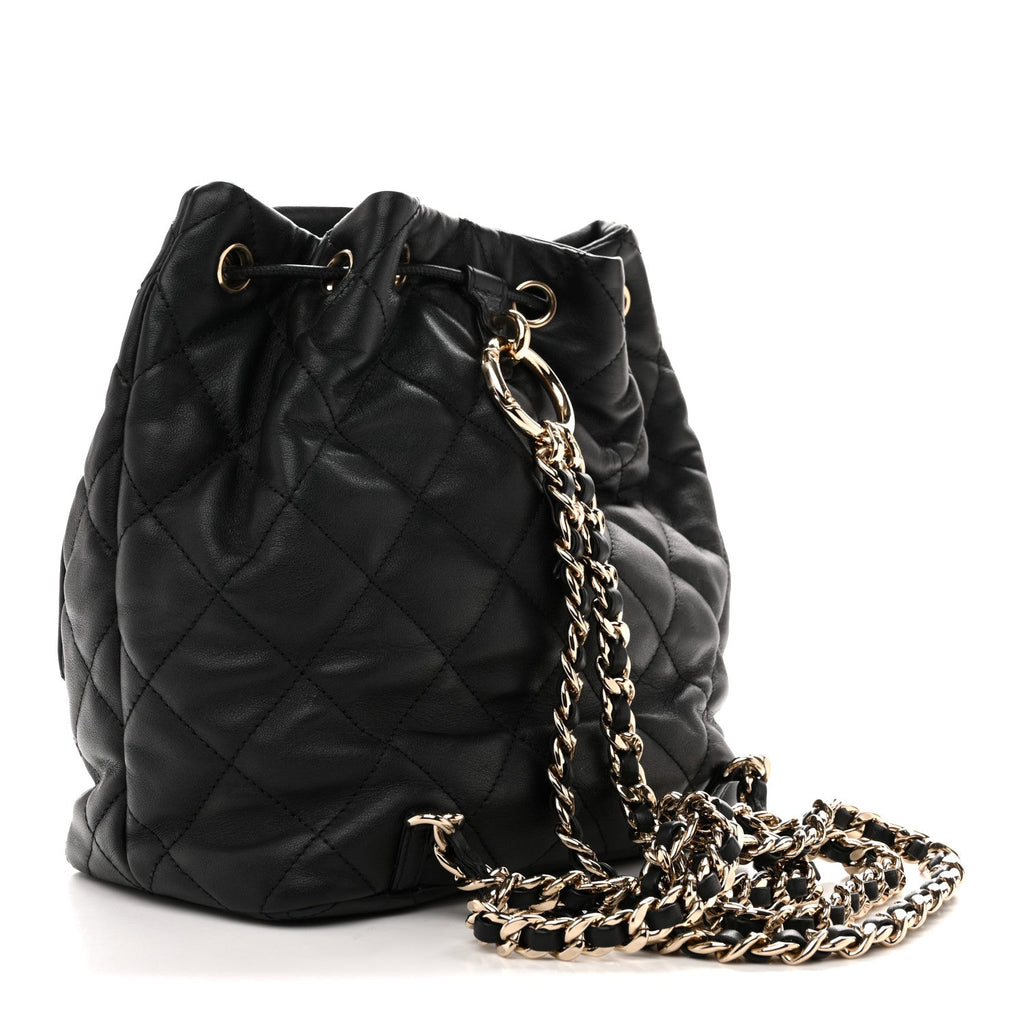 Lambskin Quilted Double Pocket Drawstring Backpack Black