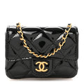 Patent Enamel Quilted Coco Hearts Clutch With Chain Black