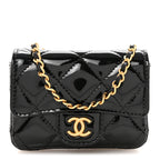 Patent Enamel Quilted Coco Hearts Clutch With Chain Black
