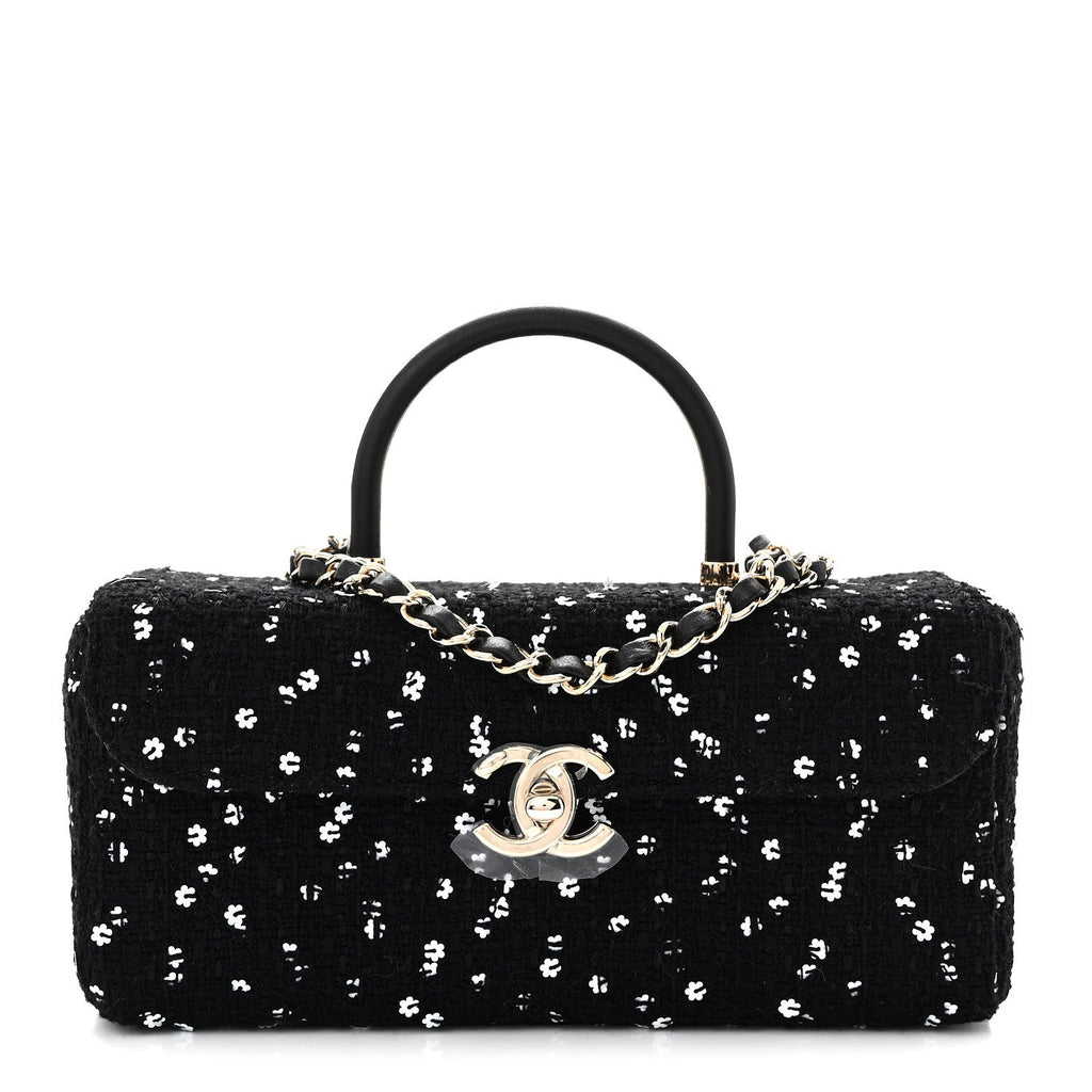 Tweed Sequin Quilted Top Handle Box Bag Black