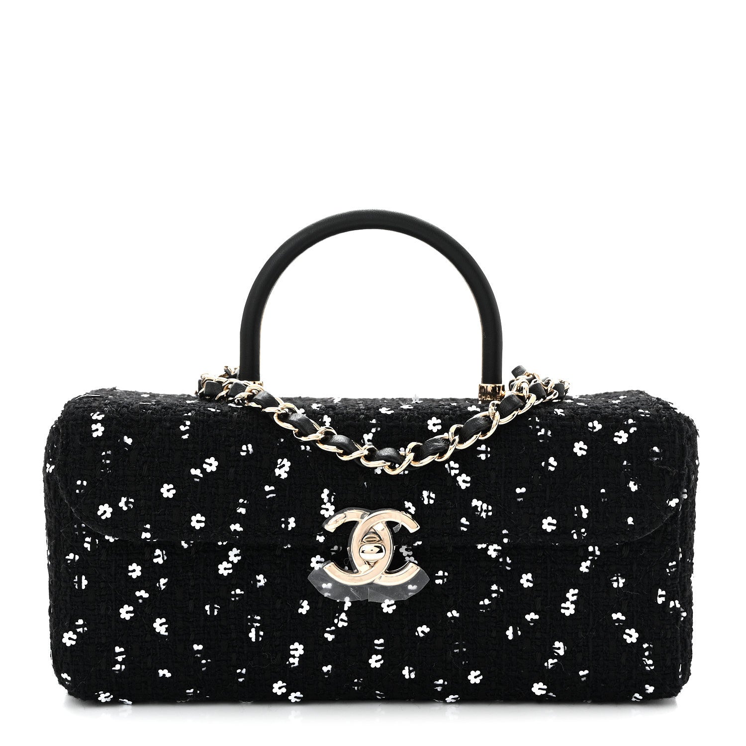 Tweed Sequin Quilted Top Handle Box Bag Black