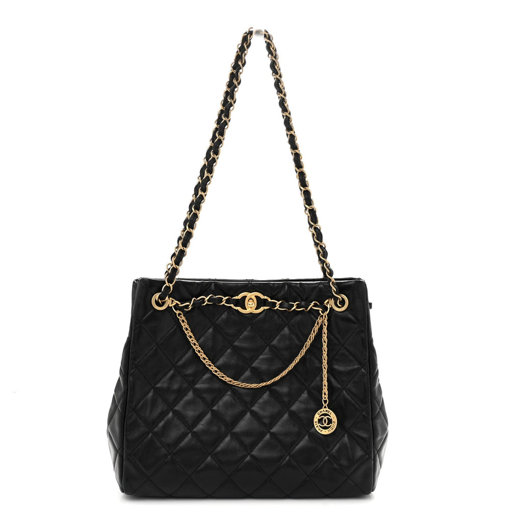 Shiny Calfskin Quilted Fancy Jewel Tote Bag Black