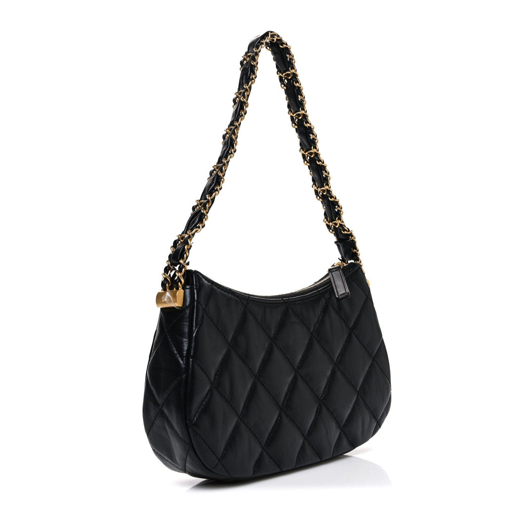 Crumpled Calfskin Quilted Braided CC Small Hobo Black