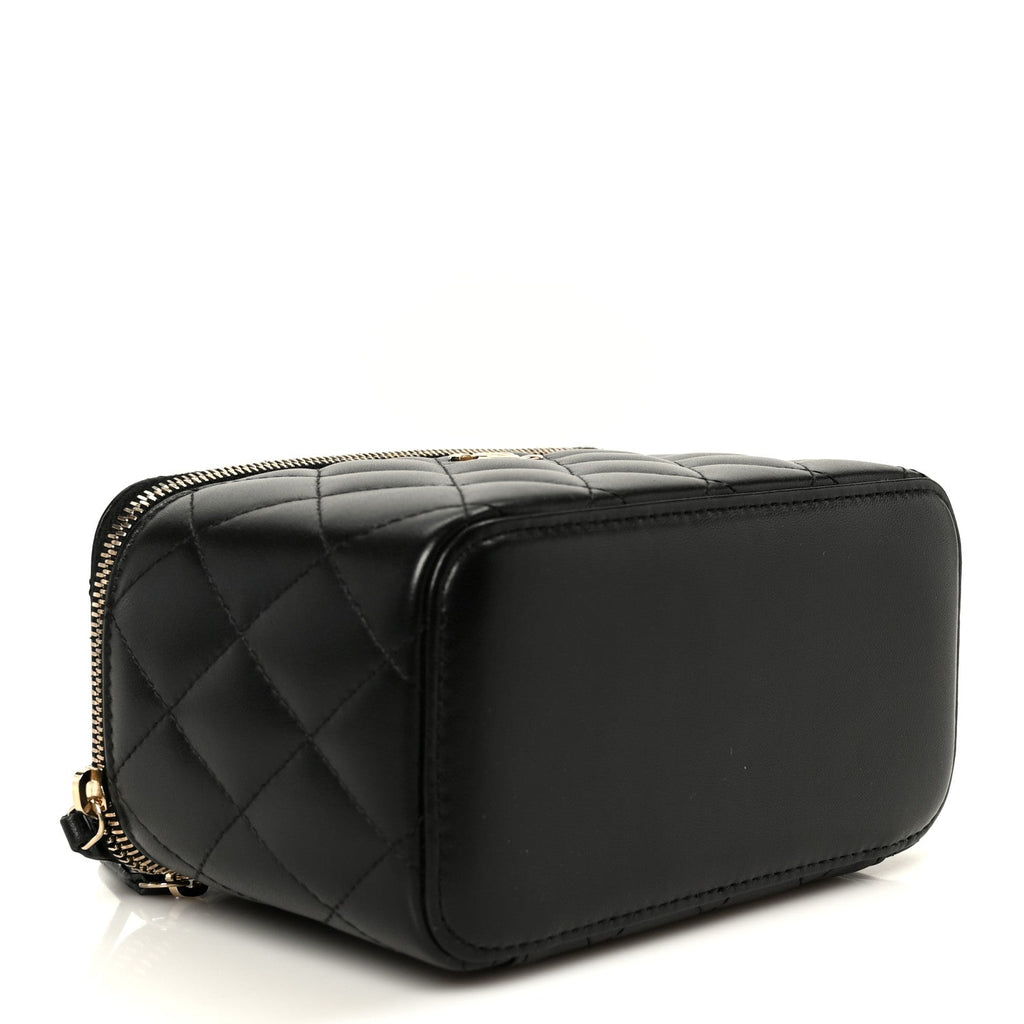 Lambskin Quilted Small Top Handle Vanity Case With Chain Black