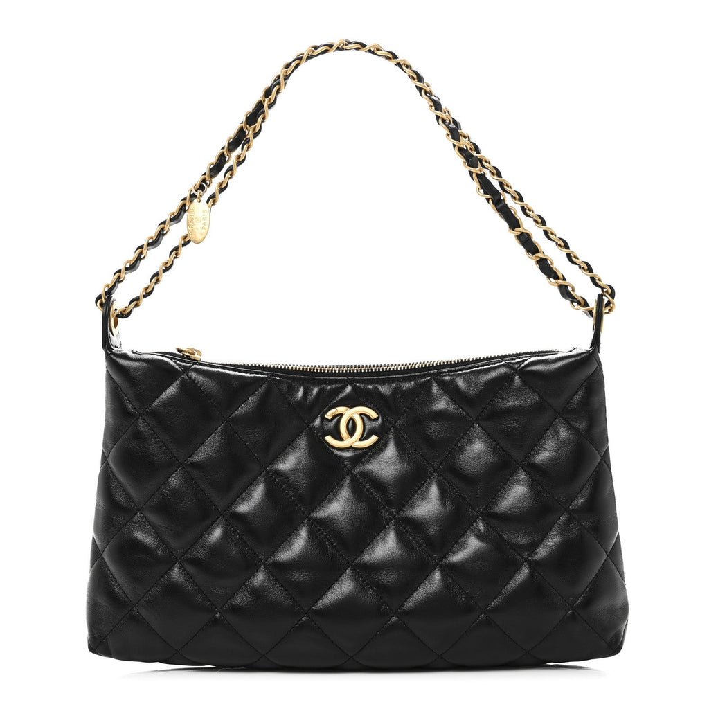Shiny Lambskin Quilted CC Hobo Black
