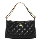 Shiny Lambskin Quilted CC Hobo Black