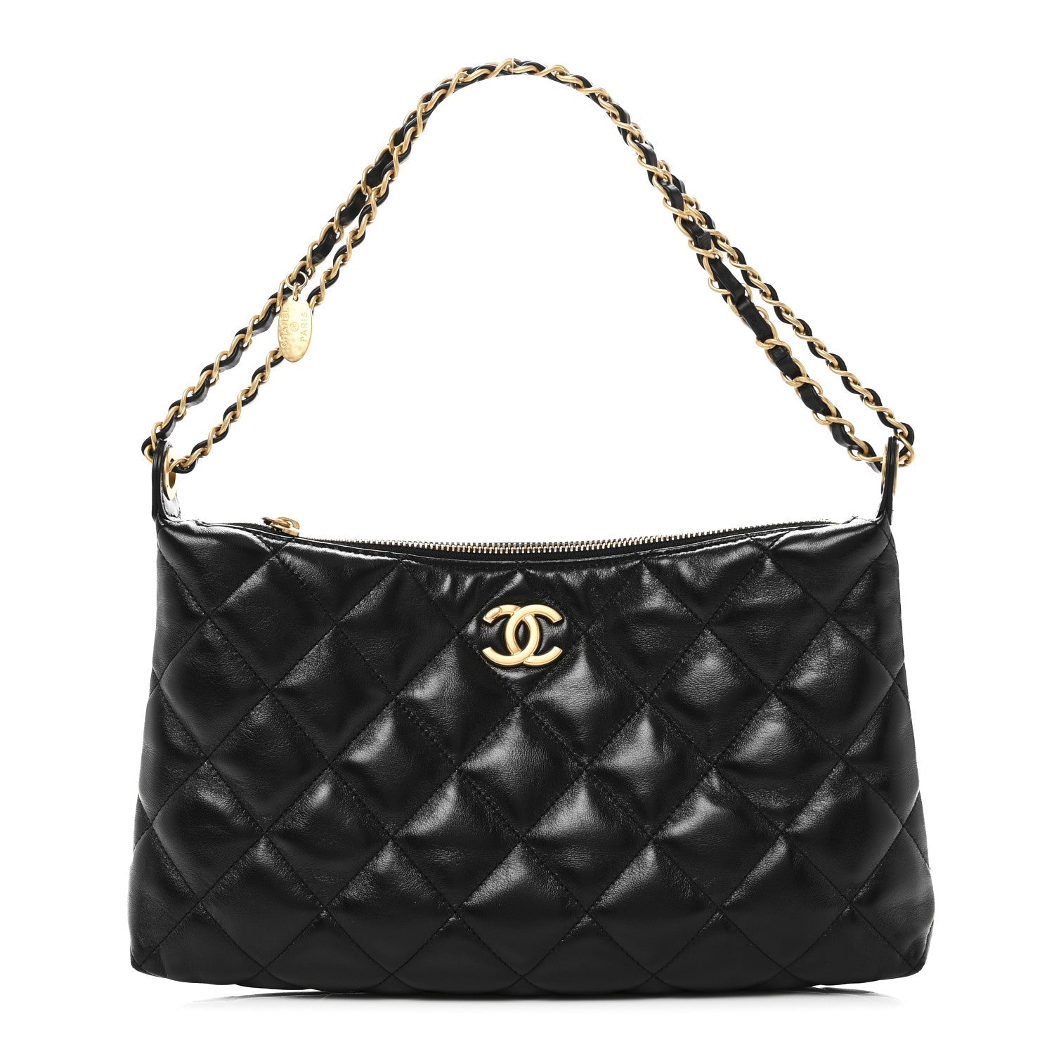 Shiny Lambskin Quilted CC Hobo Black