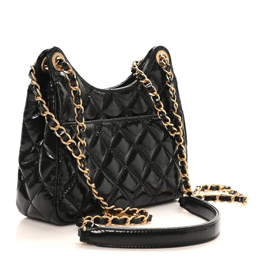 Shiny Crumpled Calfskin Quilted Small Wavy CC Hobo Black