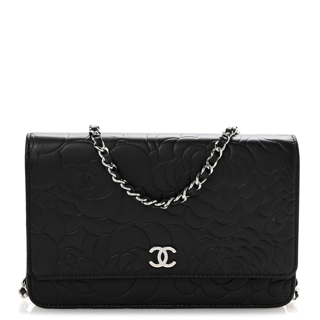 Lambskin Camellia Embossed Wallet On Chain WOC Black