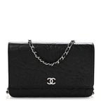 Lambskin Camellia Embossed Wallet On Chain WOC Black