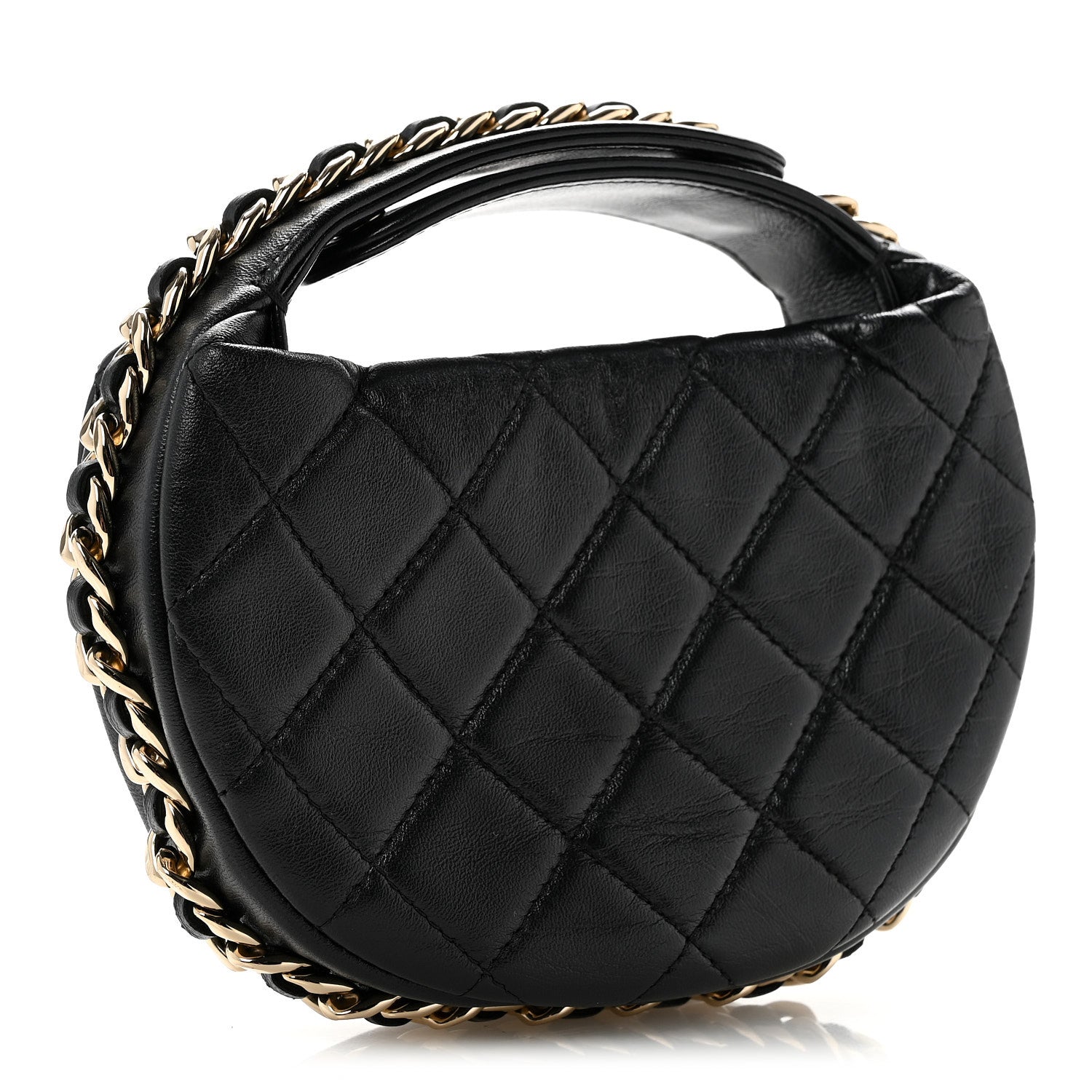 Lambskin Quilted Chain Around Pouch Hobo Black