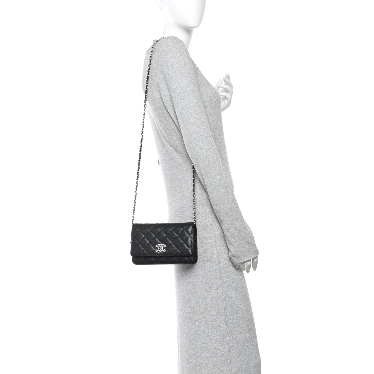 Caviar Quilted Crystal CC Wallet On Chain WOC Black