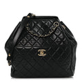 Lambskin Quilted Drawstring Bag Black