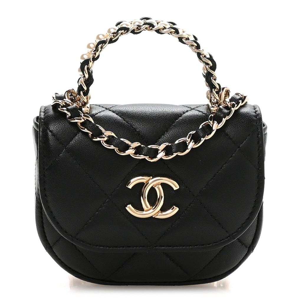 Lambskin Quilted Pearl Top Handle Clutch With Chain Black