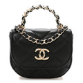Lambskin Quilted Pearl Top Handle Clutch With Chain Black