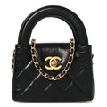 Shiny Aged Calfskin Quilted Mini Nano Kelly Shopper Black