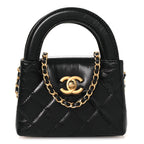 Shiny Aged Calfskin Quilted Mini Nano Kelly Shopper Black