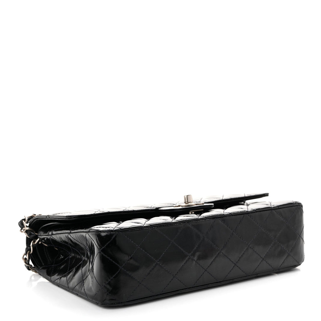 Glazed Calfskin Quilted Medium Double Flap Black
