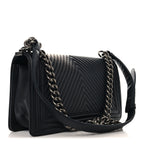 Calfskin Chevron Quilted Medium Chain Boy Flap Black