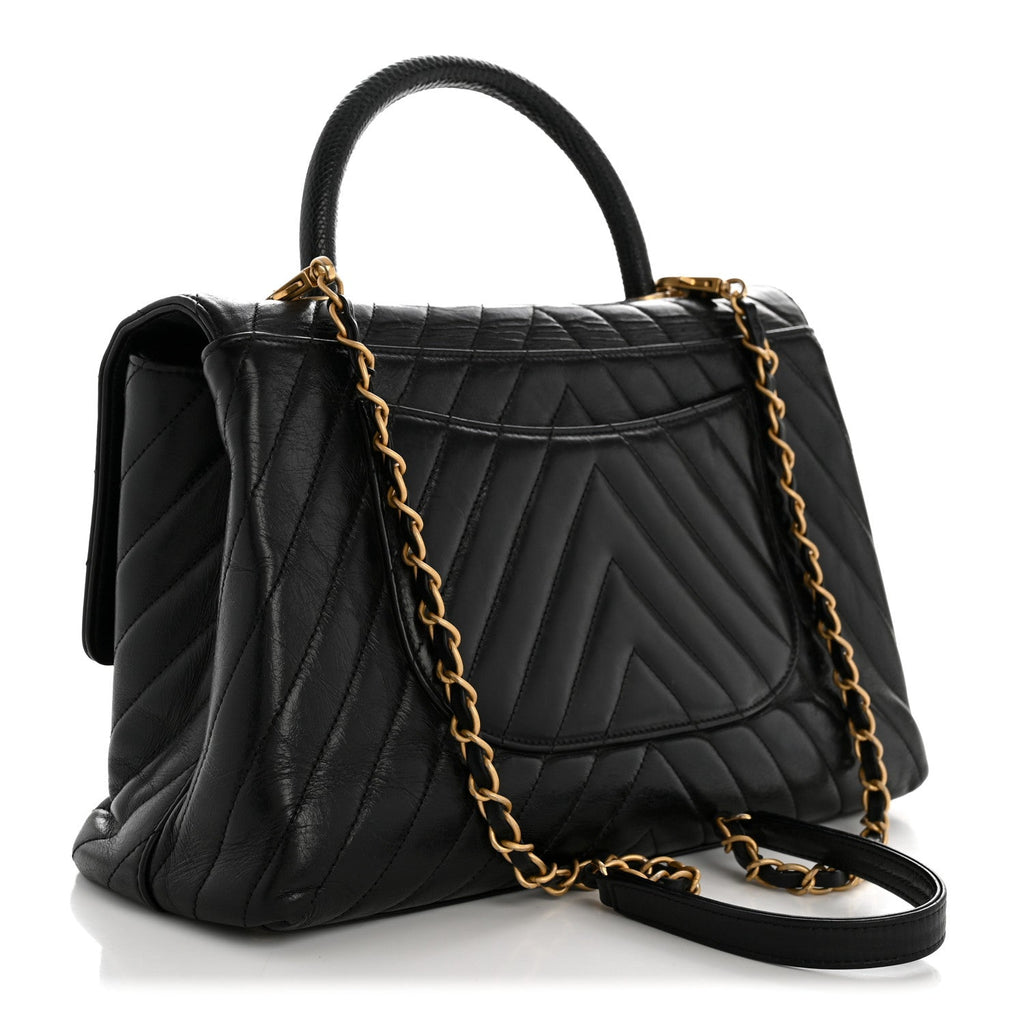 Calfskin Lizard Chevron Quilted Medium Coco Handle Flap Black
