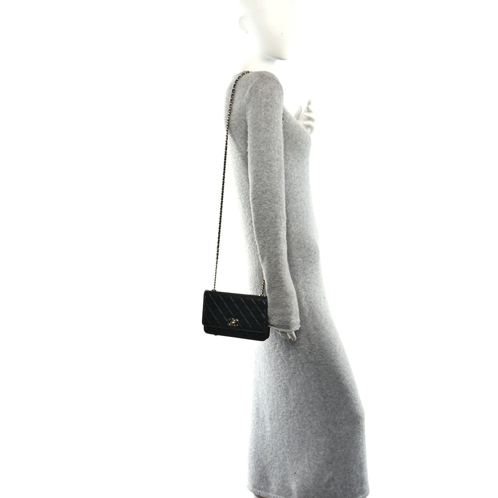 Lambskin Quilted Trendy CC Wallet On Chain WOC Black