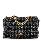 Tweed Quilted Maxi Chanel 19 Flap Black Silver Ecru
