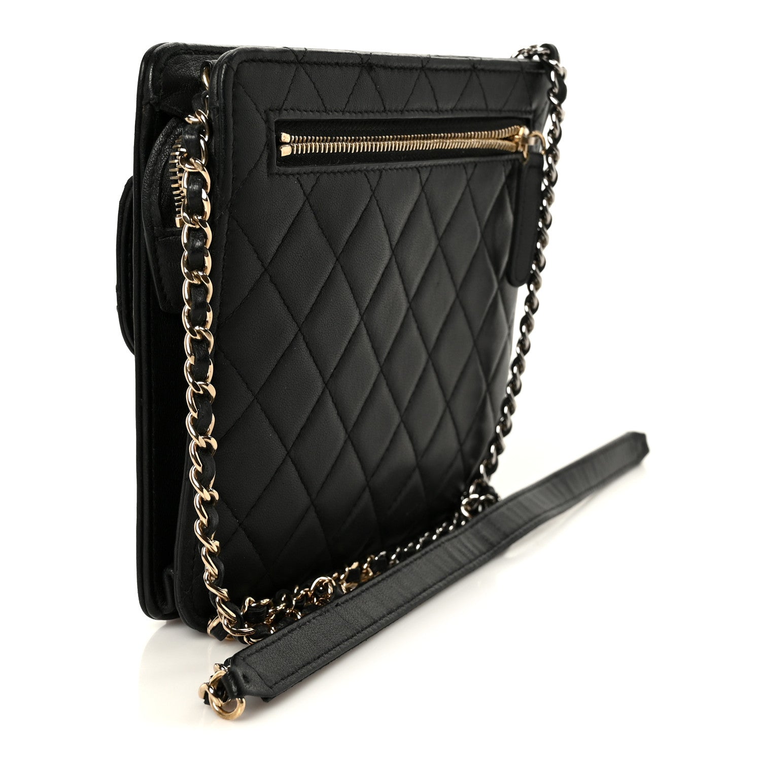 Lambskin Quilted Square Front Pocket Clutch With Chain Black