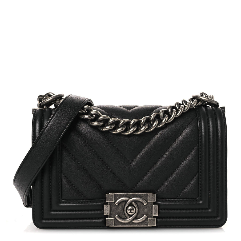 Lambskin Chevron Quilted Small Boy Flap Black