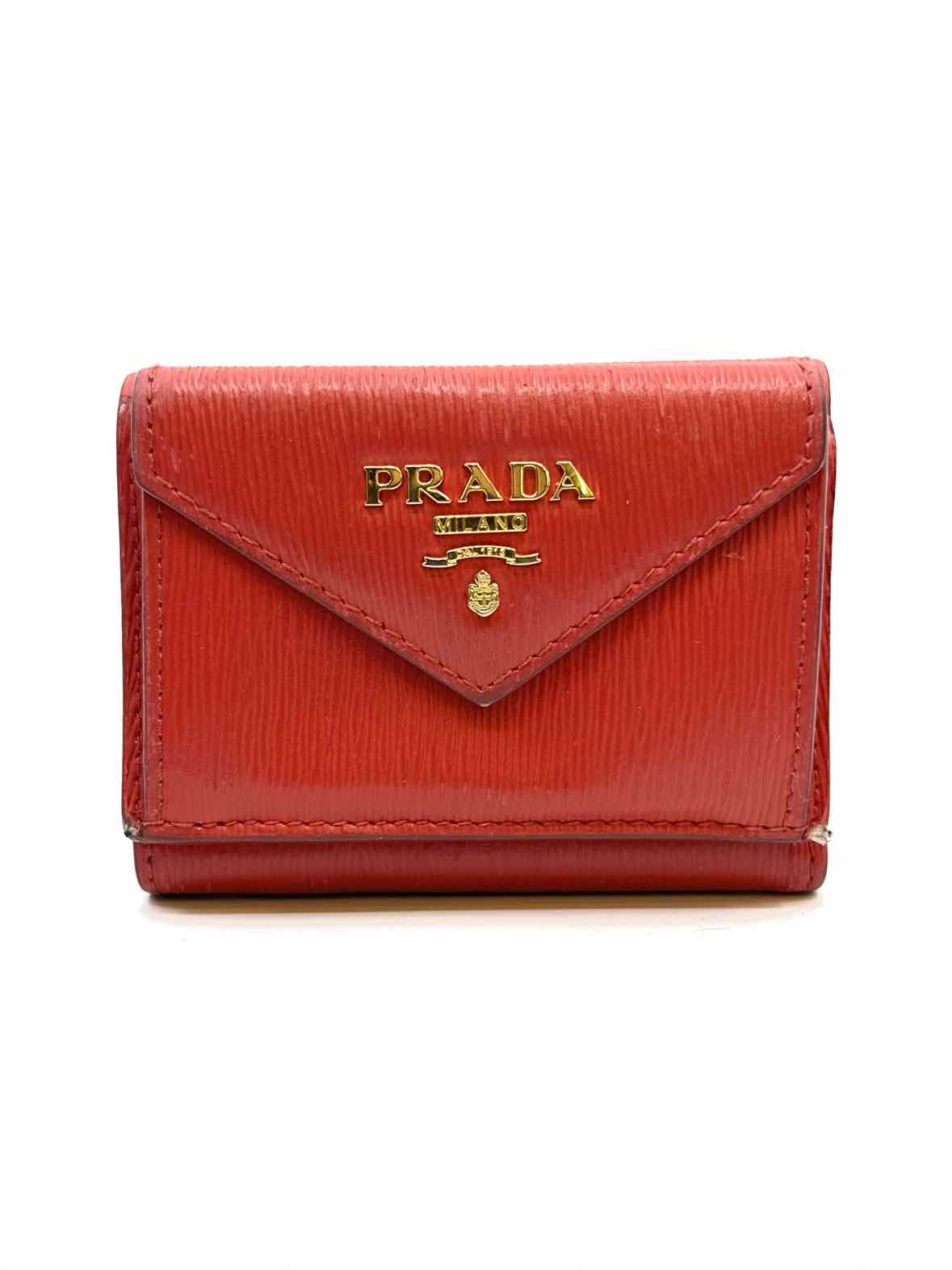 PRADA Red Orange Leather Solid Card Holder