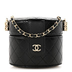 Lambskin Quilted Mini Round Vanity Case With Chain Black