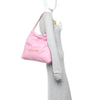Shiny Calfskin Quilted Chanel 22 Drawstring Bag Pink