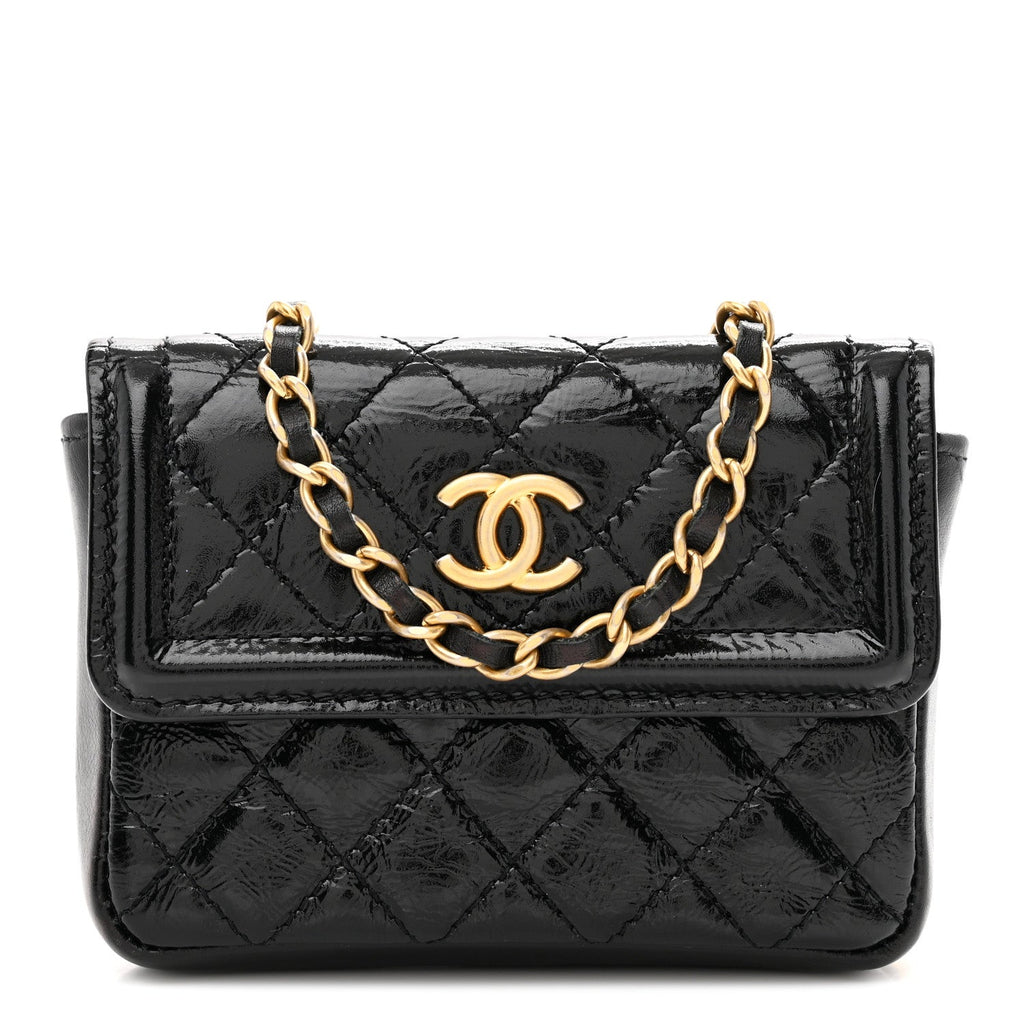 Shiny Aged Calfskin Quilted Waist Belt Bag Black